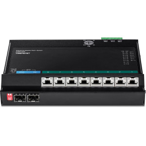 TRENDnet TI-PG102F 10-Port Gigabit Ethernet Front Access Switch, 8 Gigabit PoE+ and 2 Gigabit SFP ports, 20 Gbps switching capacity, DIN-rail/Magnet